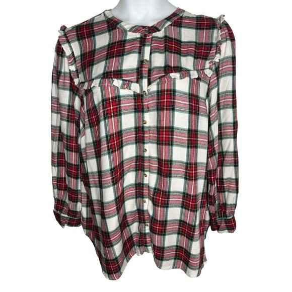 Old Navy Women’s Plus 3X Plaid Ruffle Tartan Blouse Boho Button Up Flannel Shirt - Picture 1 of 16
